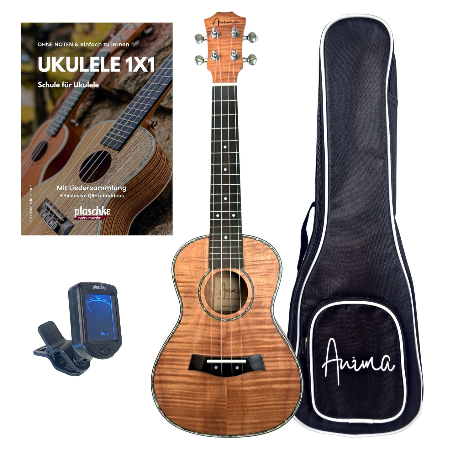 ANIMA Konzert-Ukulele Modell Tigaria aus Tiger-Holz mit Tasche, Lehrbuch und Clip-Stimmgerät