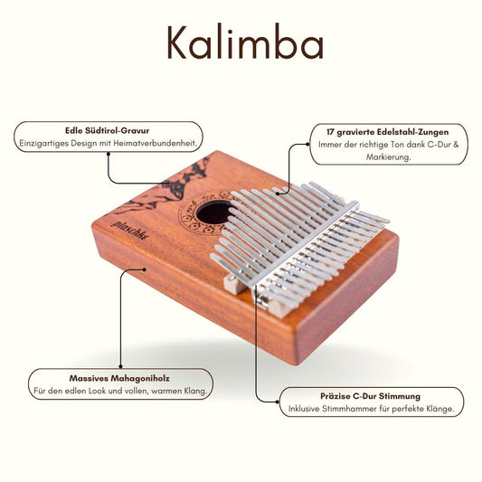 Infografik der Alps-Gold Kalimba mit Bubbles zu den Merkmalen Mahagoniholz, Edelstahl-Zungen und Südtirol-Design