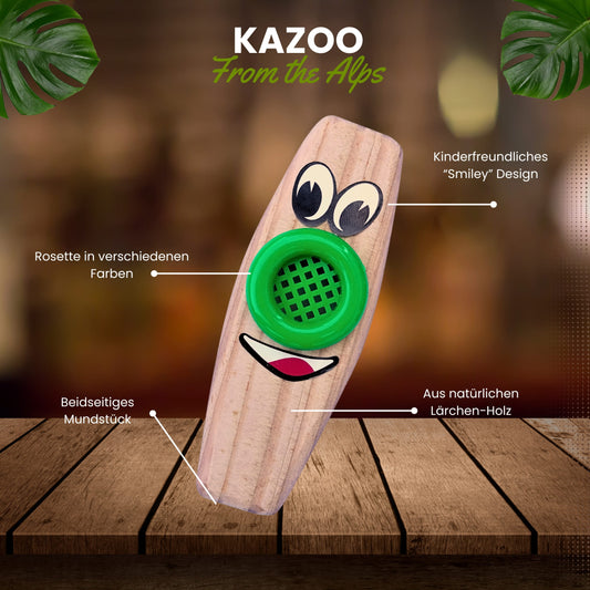 Infografik zum Plaschke Kazoo: Details zu Mundstück, Membran und dem robusten Korpus aus Südtiroler Lärchenholz