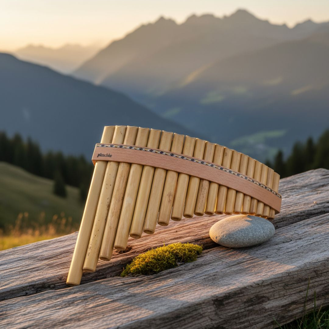 Handgefertigte Panflöte von Plaschke Instruments auf rustikalem Altholz vor atmosphärischer alpiner Bergkulisse im Sonnenuntergang – Hochwertiges Musikinstrument aus Südtirol.