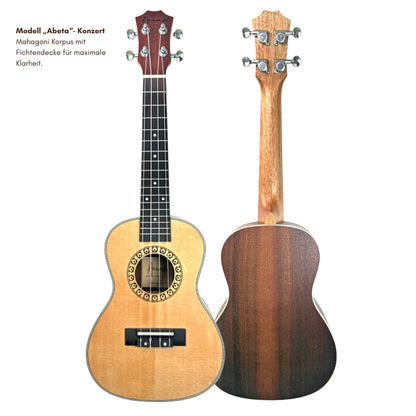 Detailansicht der ANIMA Modell Abeta Ukulele von vorne und hinten zur Ansicht der Holzmaserung