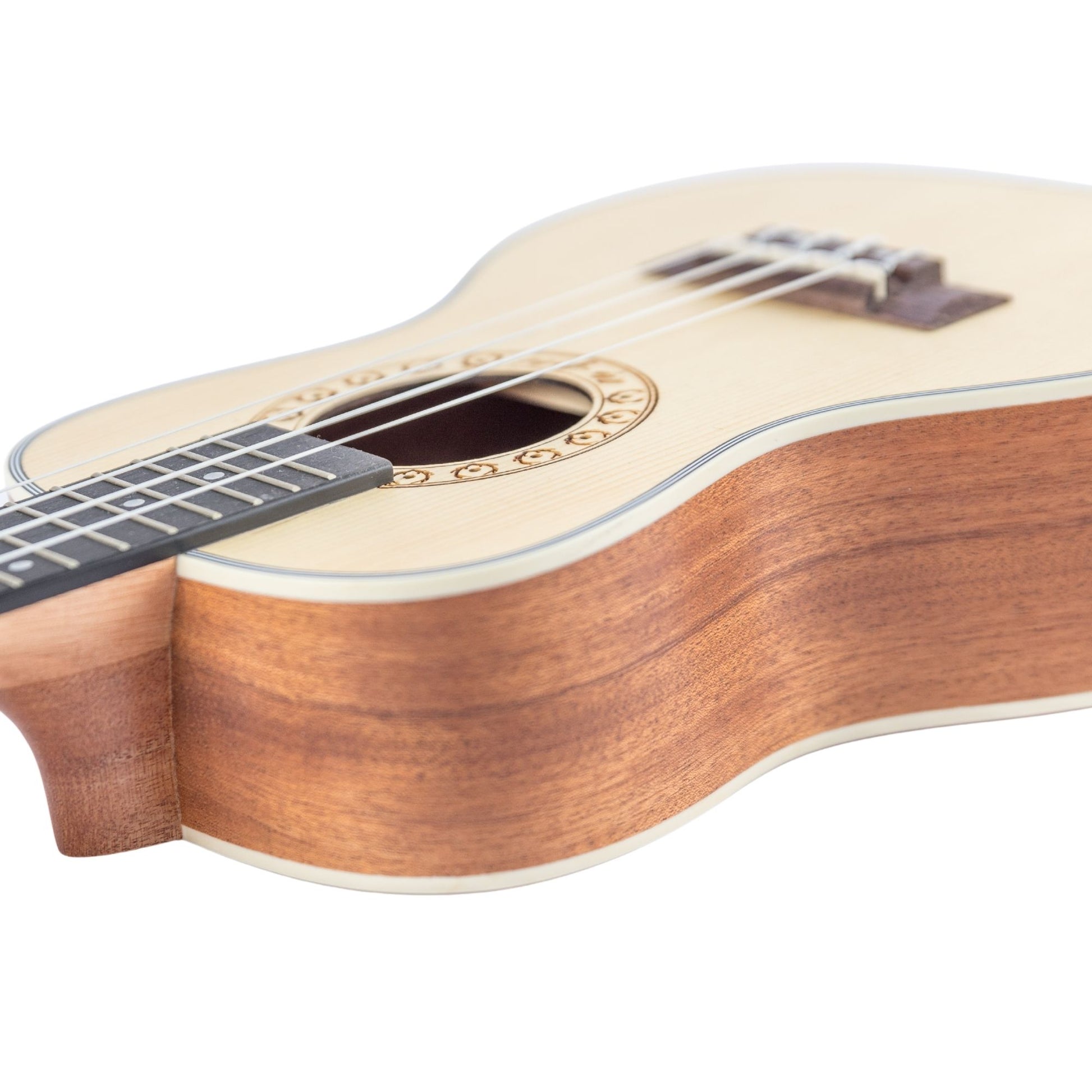 Nahaufnahme des Korpus mit hochwertiger Fichtendecke und Mahagoni-Korpus