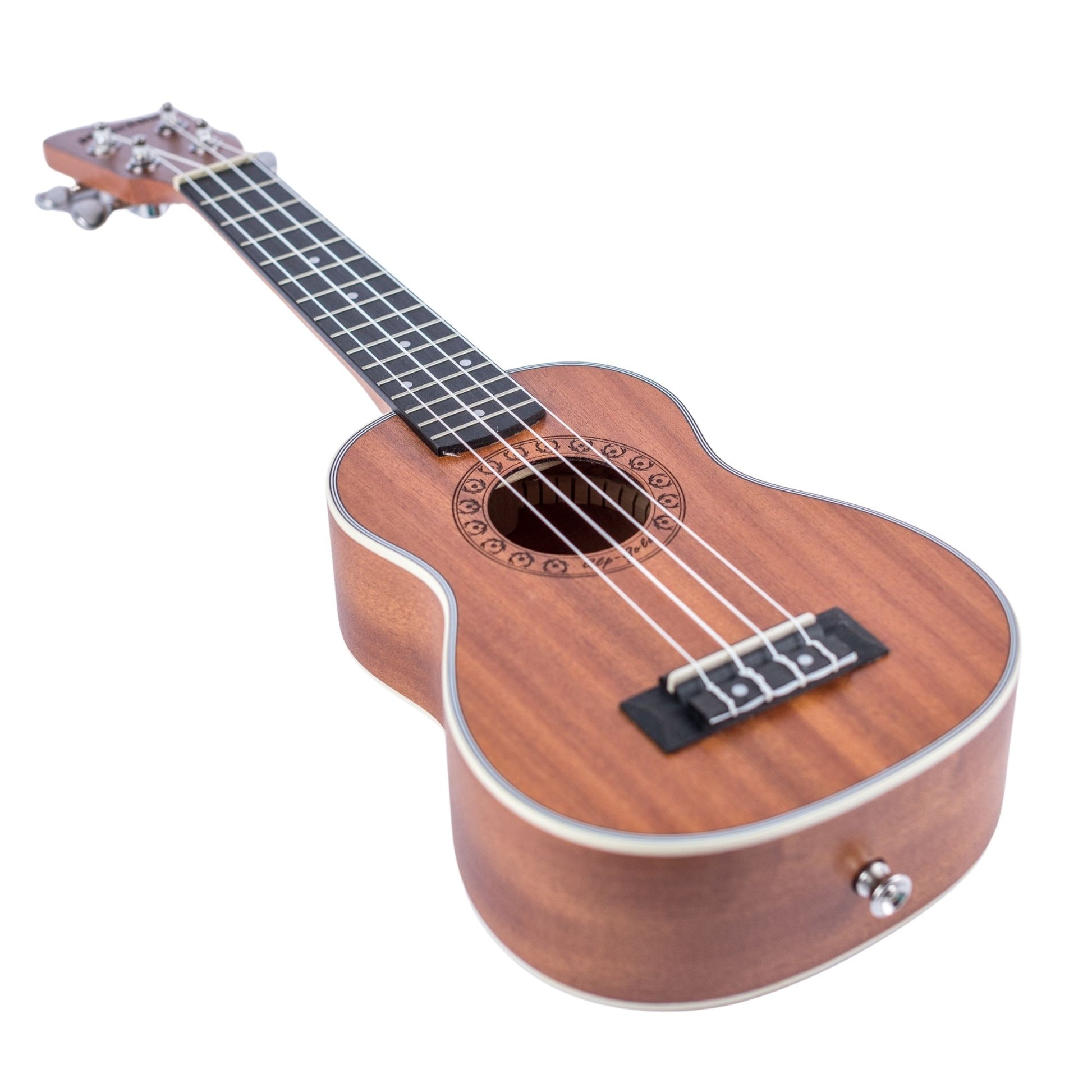 Seitenansicht der Mahonia Ukulele aus Mahagoniholz mit Details und Griffbrett