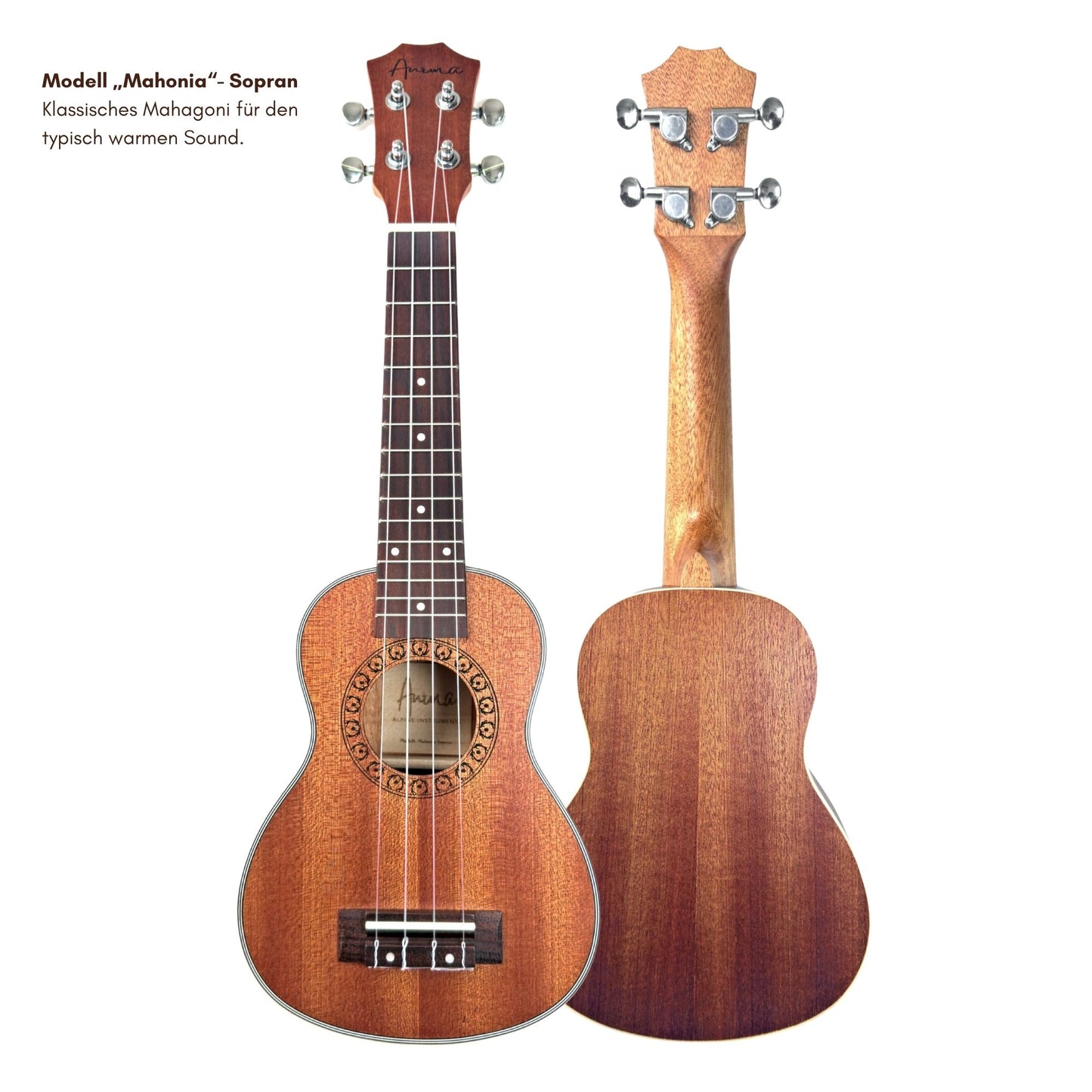 Detailansicht der ANIMA Modell Mahagoni Ukulele von vorne und hinten zur Ansicht der Holzmaserung