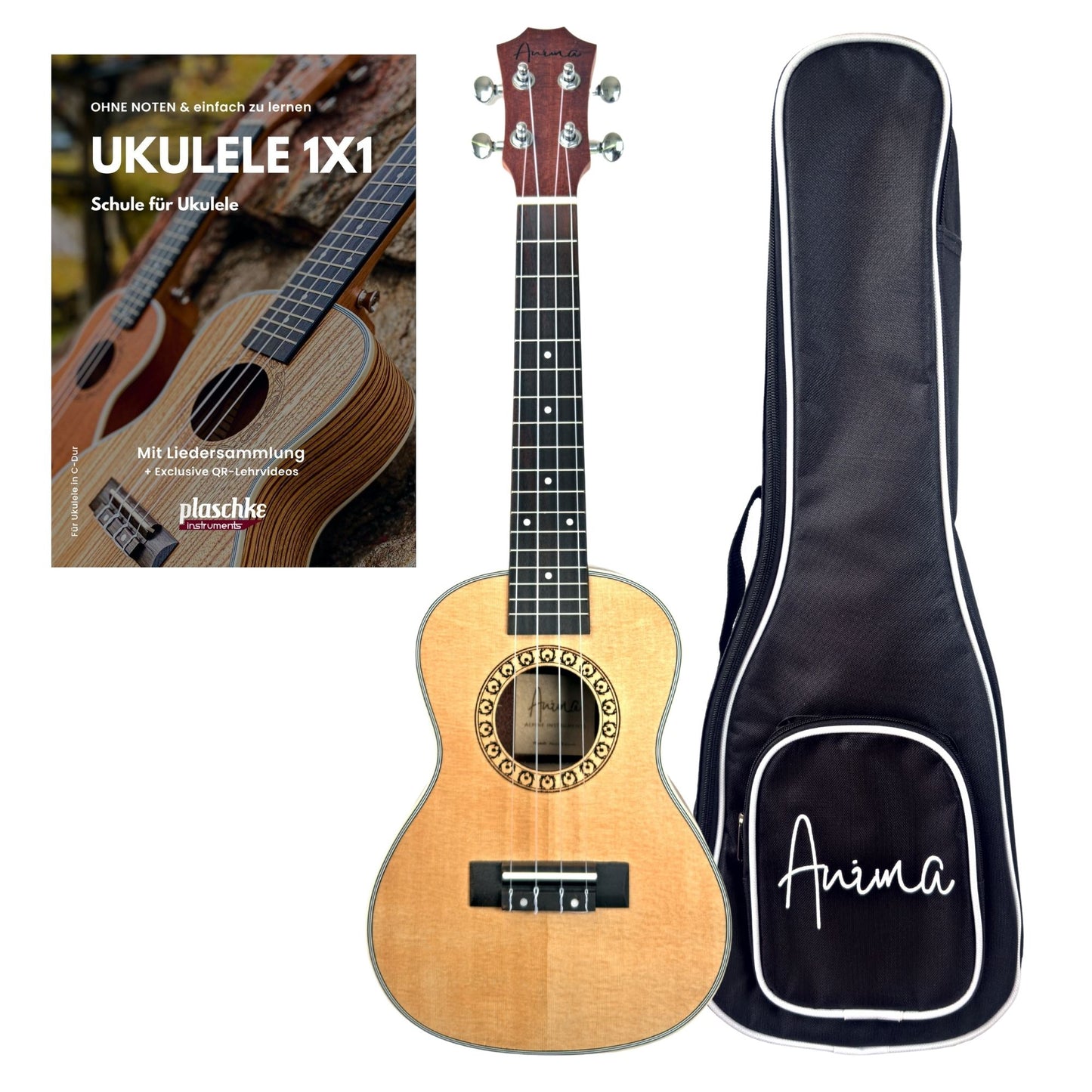 ANIMA Konzert-Ukulele Modell Abeta mit Fichtendecke inklusive Tasche und Buch