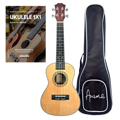 ANIMA Konzert-Ukulele Modell Abeta mit Fichtendecke inklusive Tasche und Buch