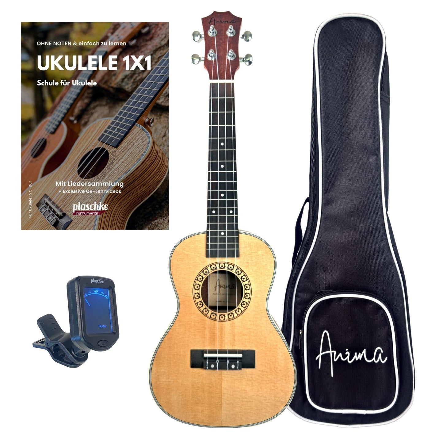ANIMA Konzert-Ukulele Modell Abeta aus Fichte & Mahagoni mit Tasche, Lehrbuch und Clip-Stimmgerät