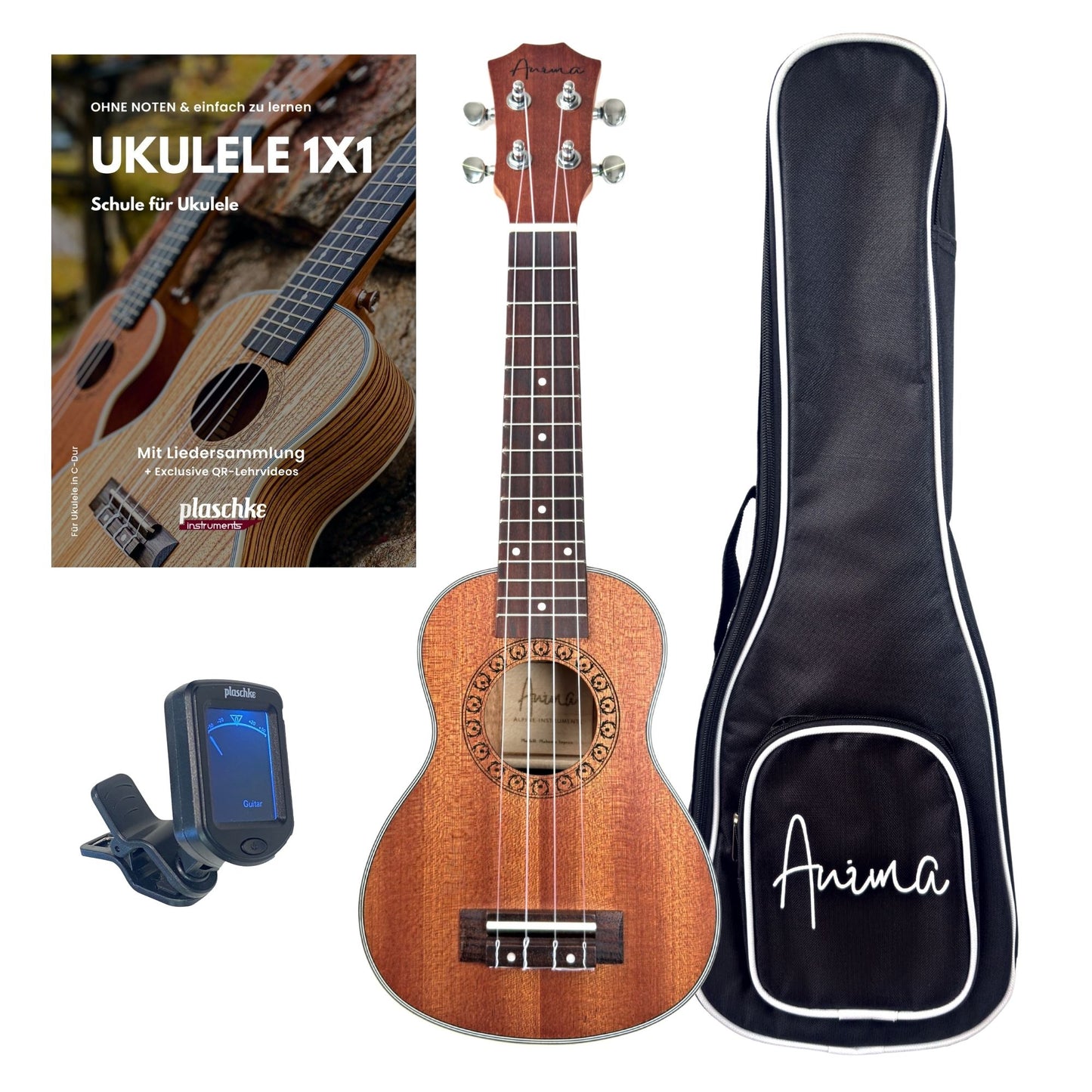 ANIMA Konzert-Ukulele Modell Mahonia aus Mahagoni mit Tasche, Lehrbuch und Clip-Stimmgerät