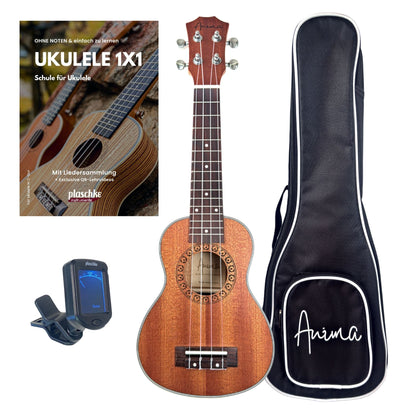 ANIMA Konzert-Ukulele Modell Mahonia aus Mahagoni mit Tasche, Lehrbuch und Clip-Stimmgerät
