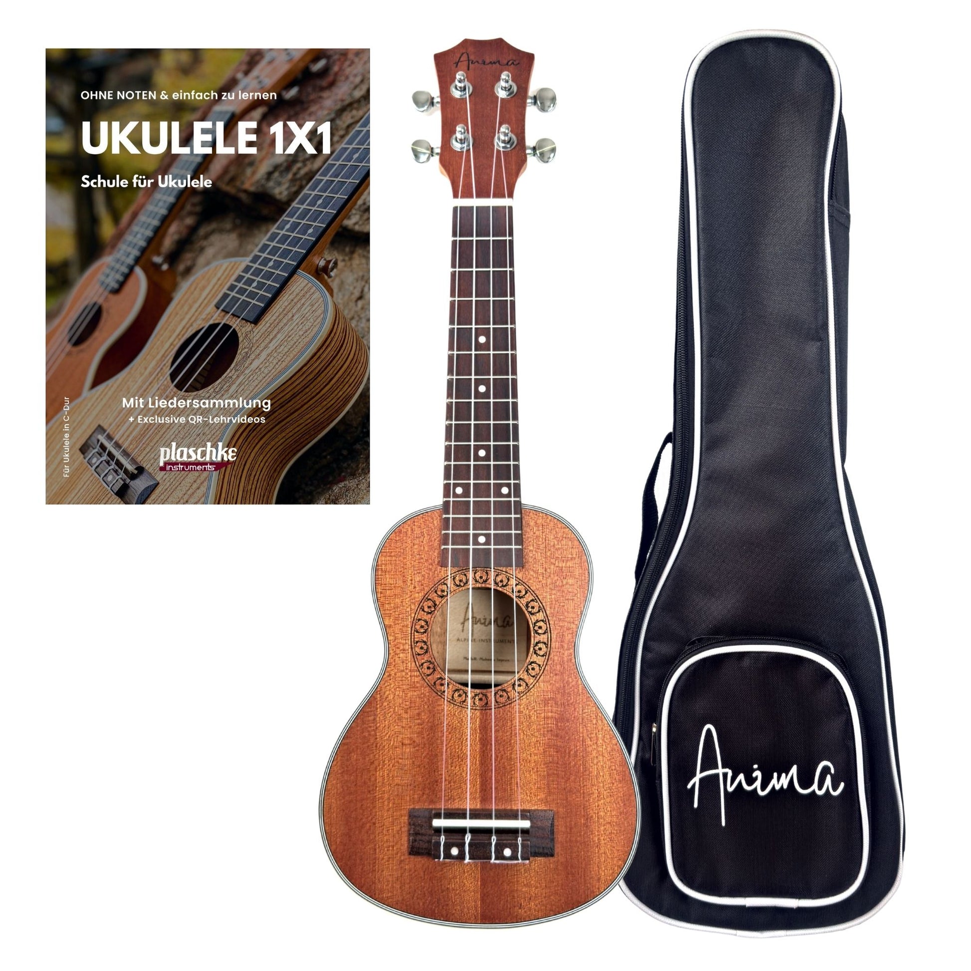 ANIMA Konzert-Ukulele Modell Mahonia aus Mahagoni mit Tasche und Lehrbuch