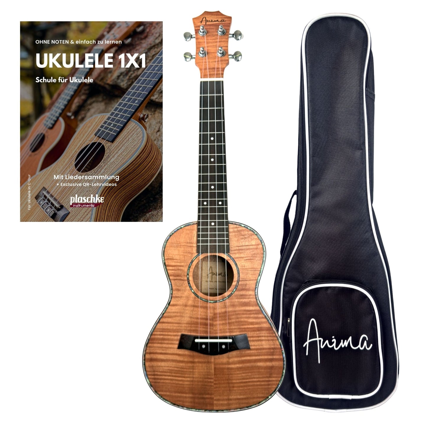 ANIMA Konzert-Ukulele Modell Tigaria aus edlem Tigerholz mit Zubehör