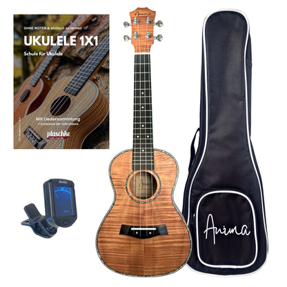 ANIMA Konzert-Ukulele Modell Tigaria aus Tiger-Holz mit Tasche, Lehrbuch und Clip-Stimmgerät