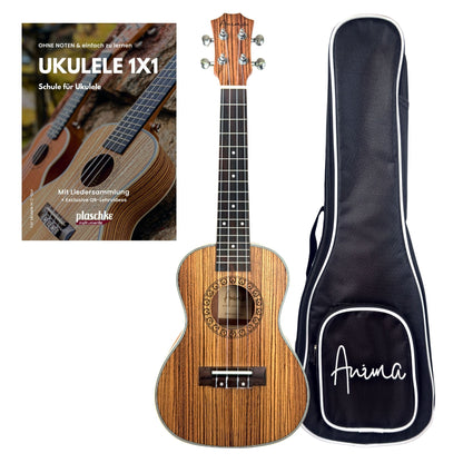 ANIMA Konzert-Ukulele Modell Zebralina aus Zebranoholz im kompletten Set