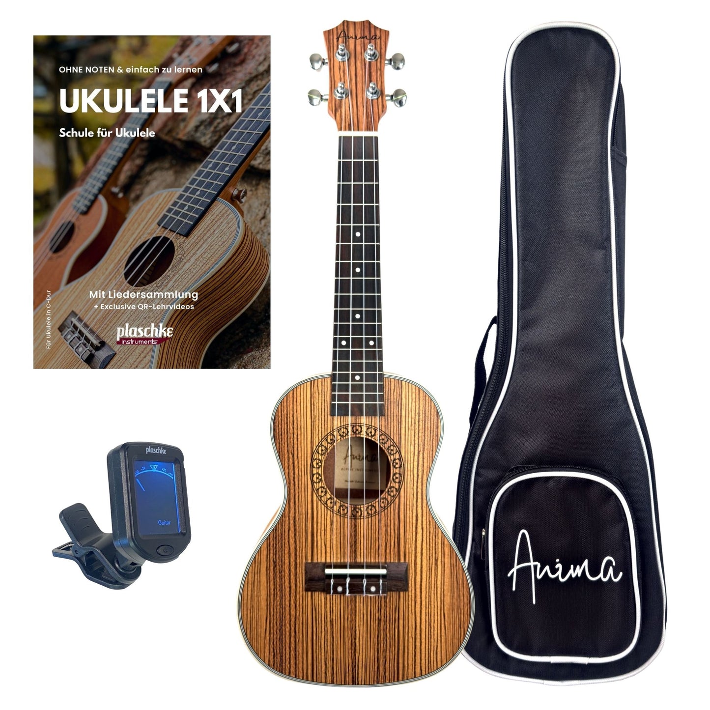 ANIMA Konzert-Ukulele Modell Zebrano aus Zebrano-Holz mit Tasche, Lehrbuch und Clip-Stimmgerät