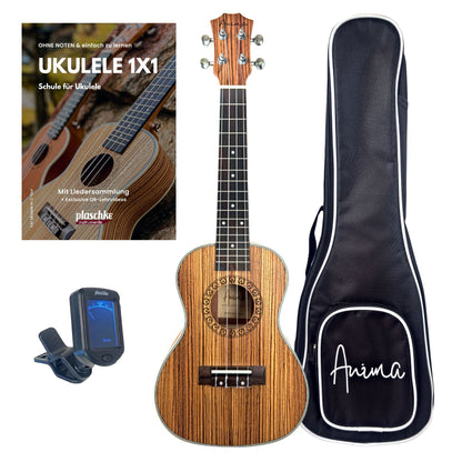 ANIMA Konzert-Ukulele Modell Zebrano aus Zebrano-Holz mit Tasche, Lehrbuch und Clip-Stimmgerät