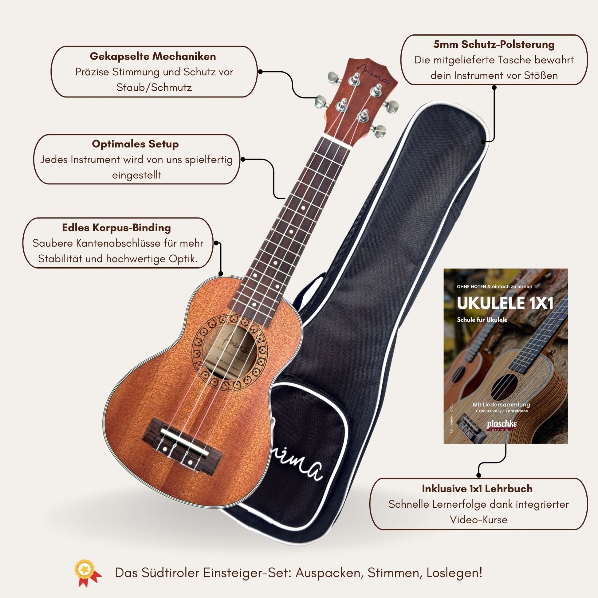 Technische Spezifikationen der ANIMA Ukulele mit Details zu Mechaniken und Griffbrett