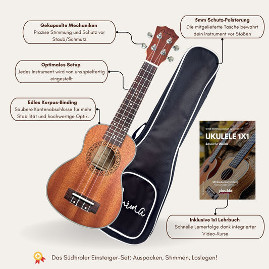 Technische Spezifikationen der ANIMA Ukulele mit Details zu Mechaniken und Griffbrett