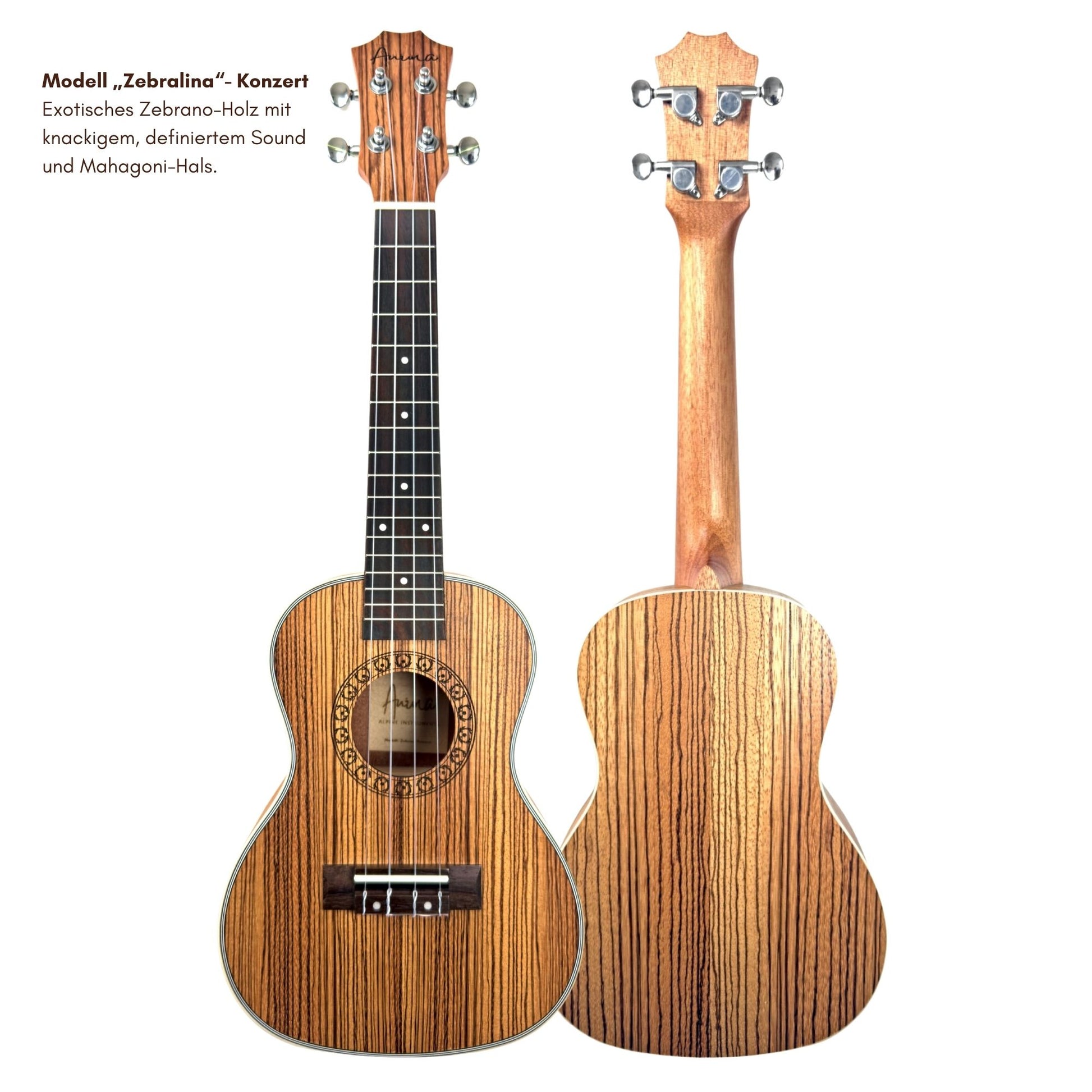 Detailansicht der ANIMA Modell Zebrano Ukulele von vorne und hinten zur Ansicht der Holzmaserung