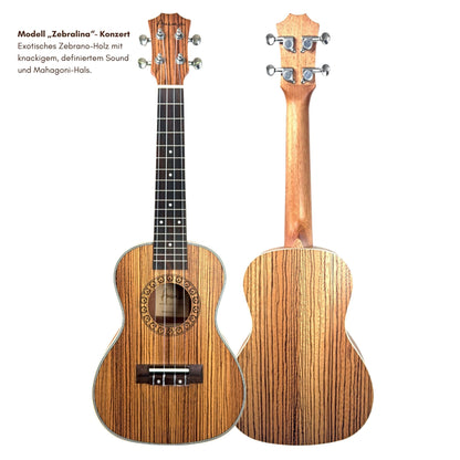 Detailansicht der ANIMA Modell Zebrano Ukulele von vorne und hinten zur Ansicht der Holzmaserung