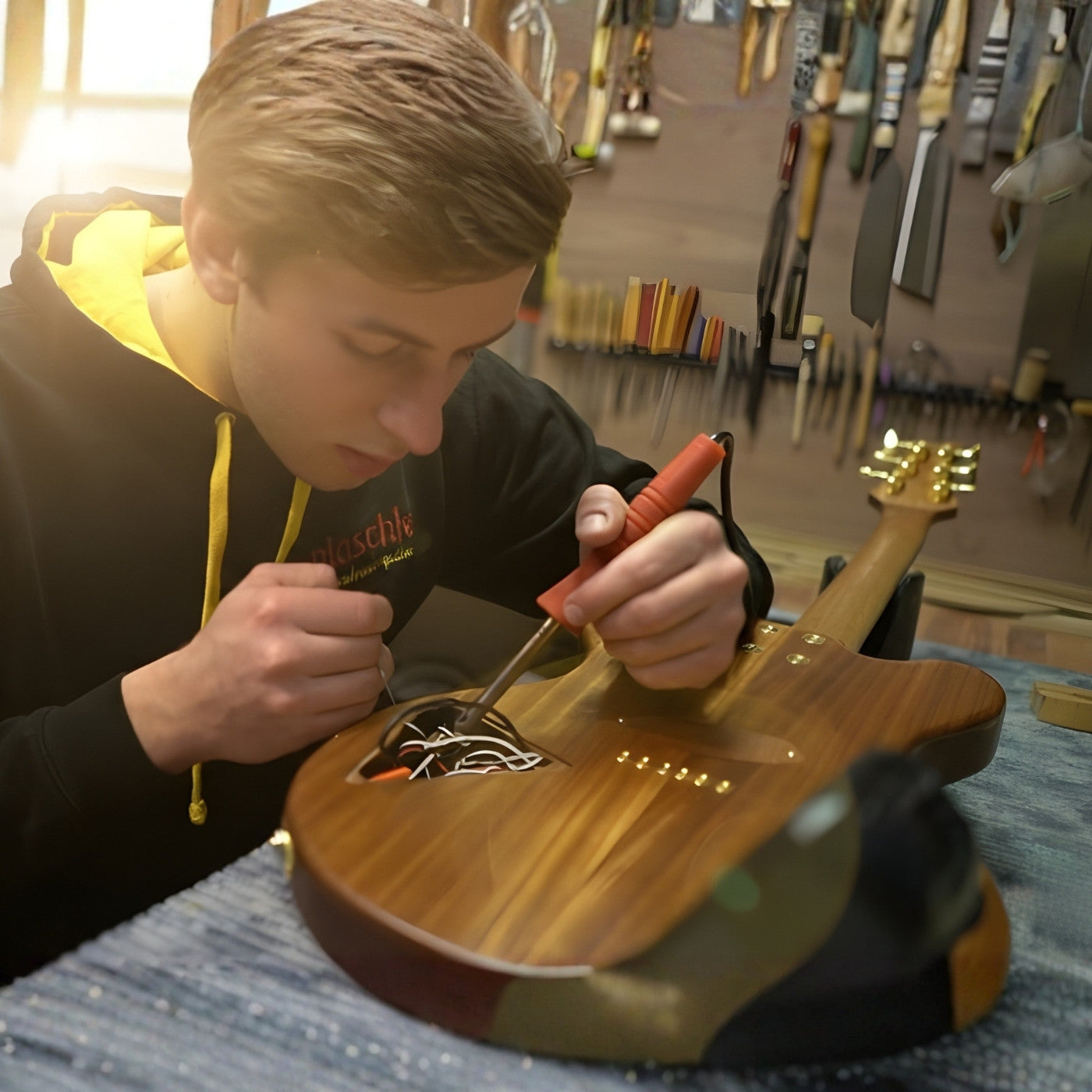 Professionelle Reparatur der E-Gitarren-Elektronik: Fachmännisches Löten, Austausch von Potis und Fehlerdiagnose in der Service-Werkstatt von Plaschke Instruments.