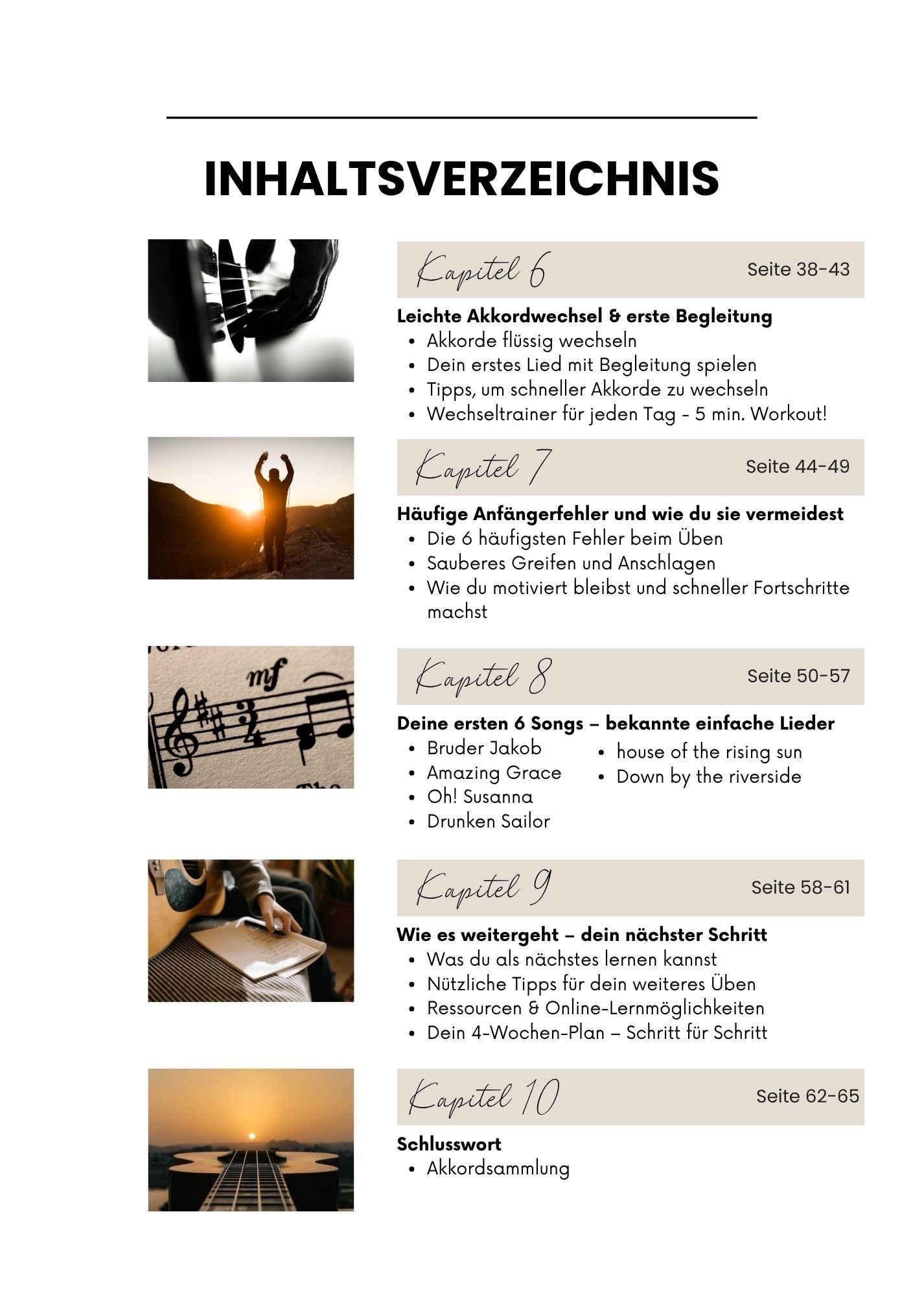 Inhaltsverzeichnis Teil 1 des Gitarre 1x1 Lehrbuchs – Übersicht der ersten Lernschritte und Akkorde