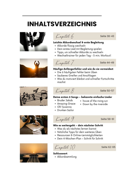 Inhaltsverzeichnis Teil 1 des Gitarre 1x1 Lehrbuchs – Übersicht der ersten Lernschritte und Akkorde