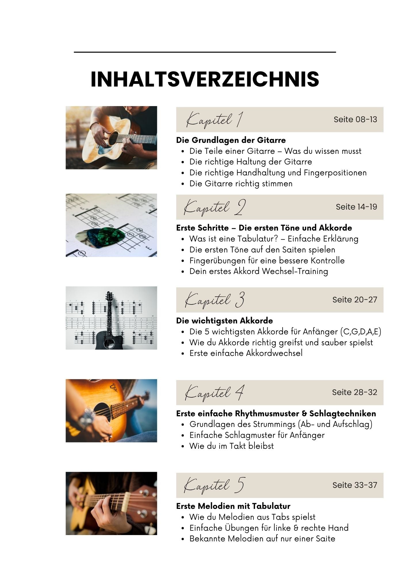 Inhaltsverzeichnis Teil 2 des Gitarre 1x1 Lehrbuchs – 4-Wochen-Plan, Songs und Tabulatur-Übersicht