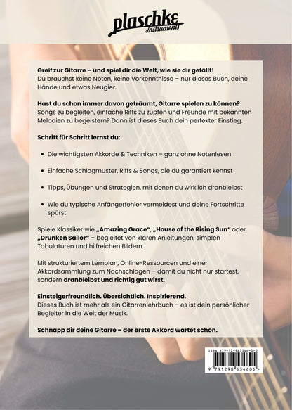 Rückseite des Buchs Gitarre 1x1 mit Klappentext, ISBN und QR-Code für interaktive Lerninhalte
