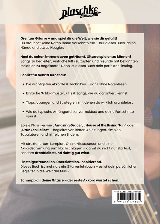 Rückseite des Buchs Gitarre 1x1 mit Klappentext, ISBN und QR-Code für interaktive Lerninhalte