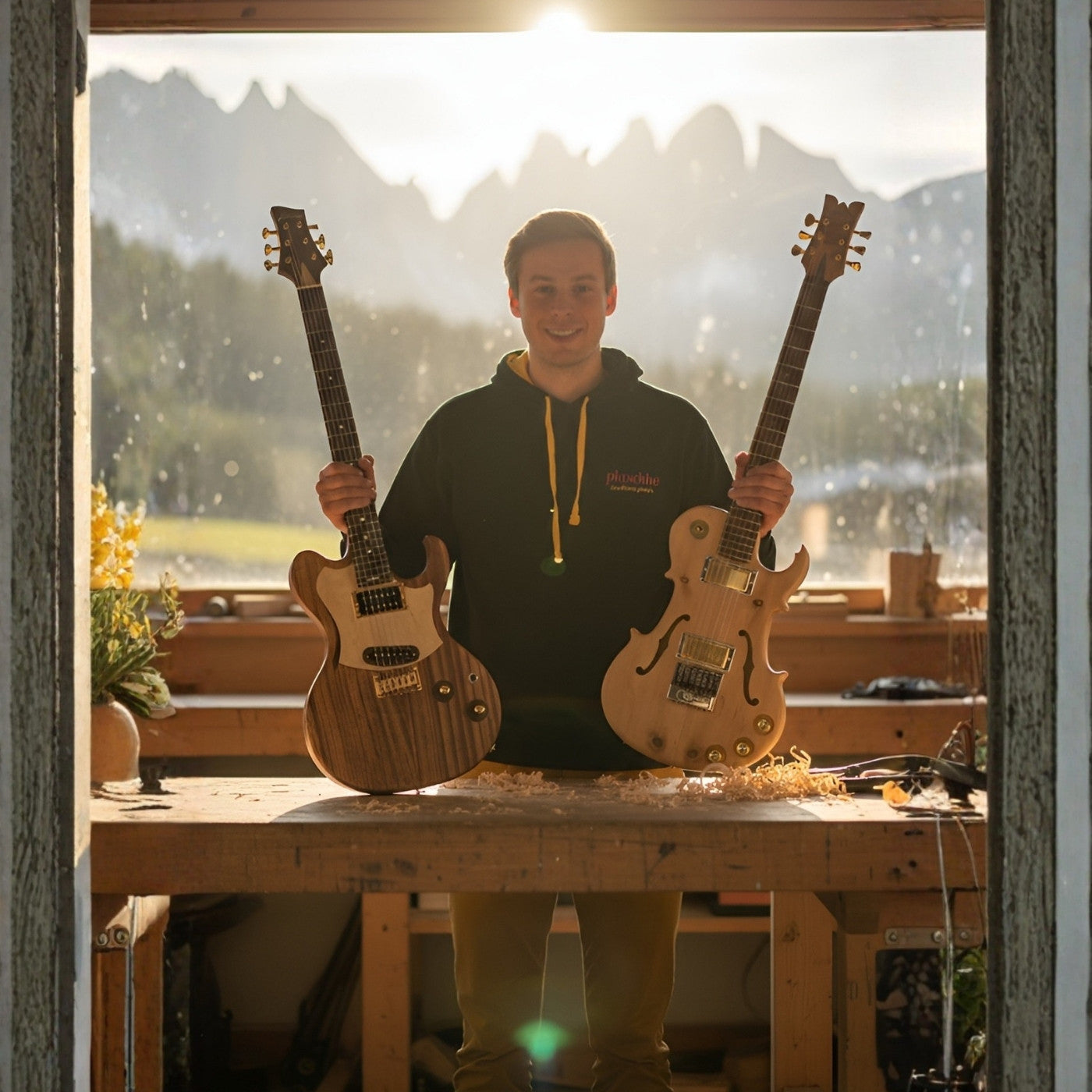 Gitarrenbauer in der Werkstatt mit zwei handgefertigten Custom-E-Gitarren: Einblick in die Fertigung und das leidenschaftliche Handwerk bei Plaschke Instruments.