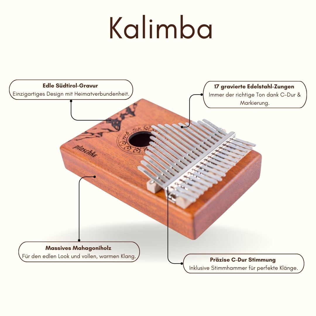 Infografik der Alps-Gold Kalimba mit Bubbles zu den Merkmalen Mahagoniholz, Edelstahl-Zungen und Südtirol-Design