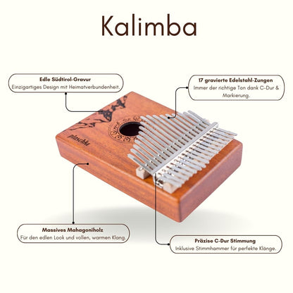 Infografik der Alps-Gold Kalimba mit Bubbles zu den Merkmalen Mahagoniholz, Edelstahl-Zungen und Südtirol-Design