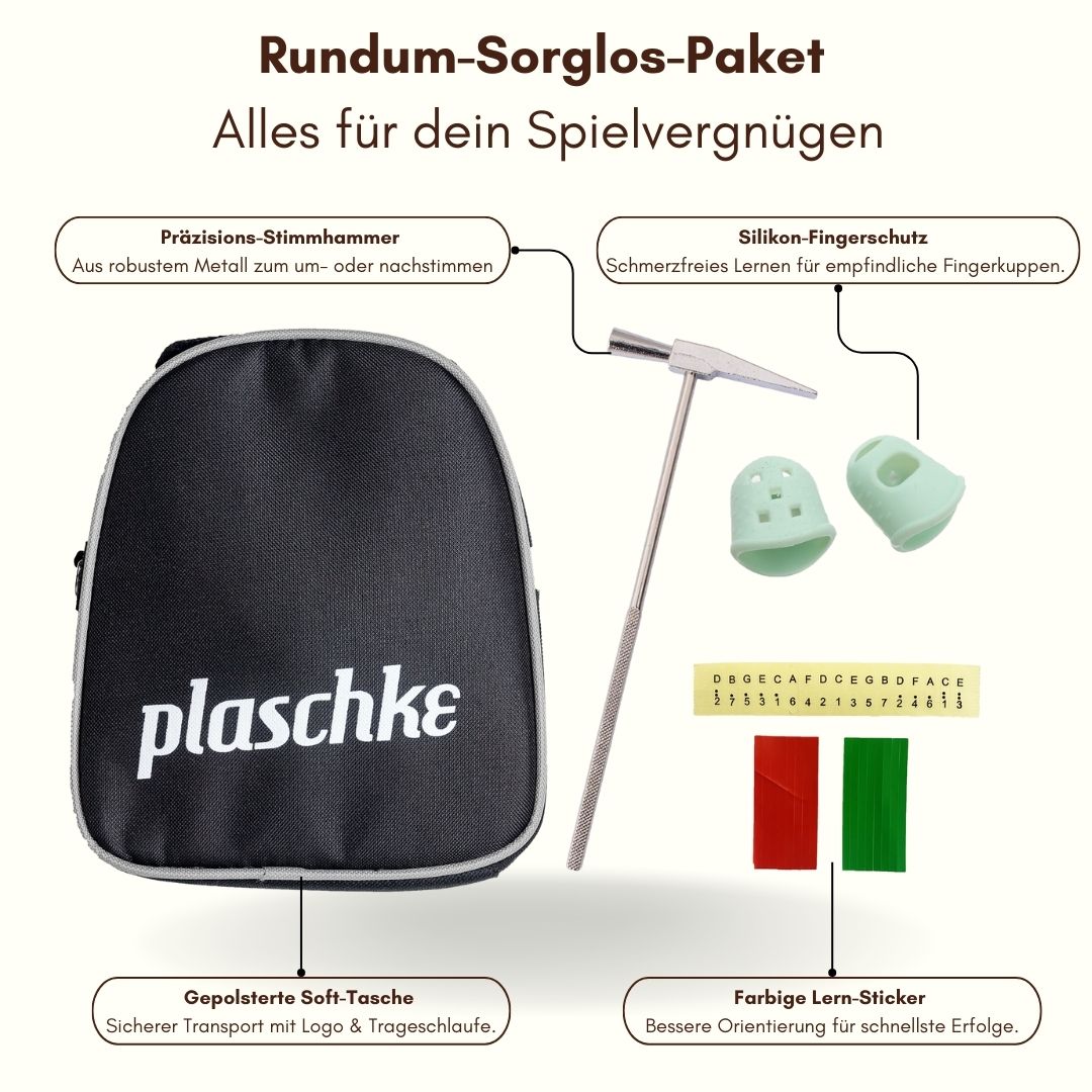 Übersichtsdarstellung des Kalimba-Zubehörs mit Erklärungen zu Tasche, Stimmhammer, Fingerschutz und Lern-Aufklebern