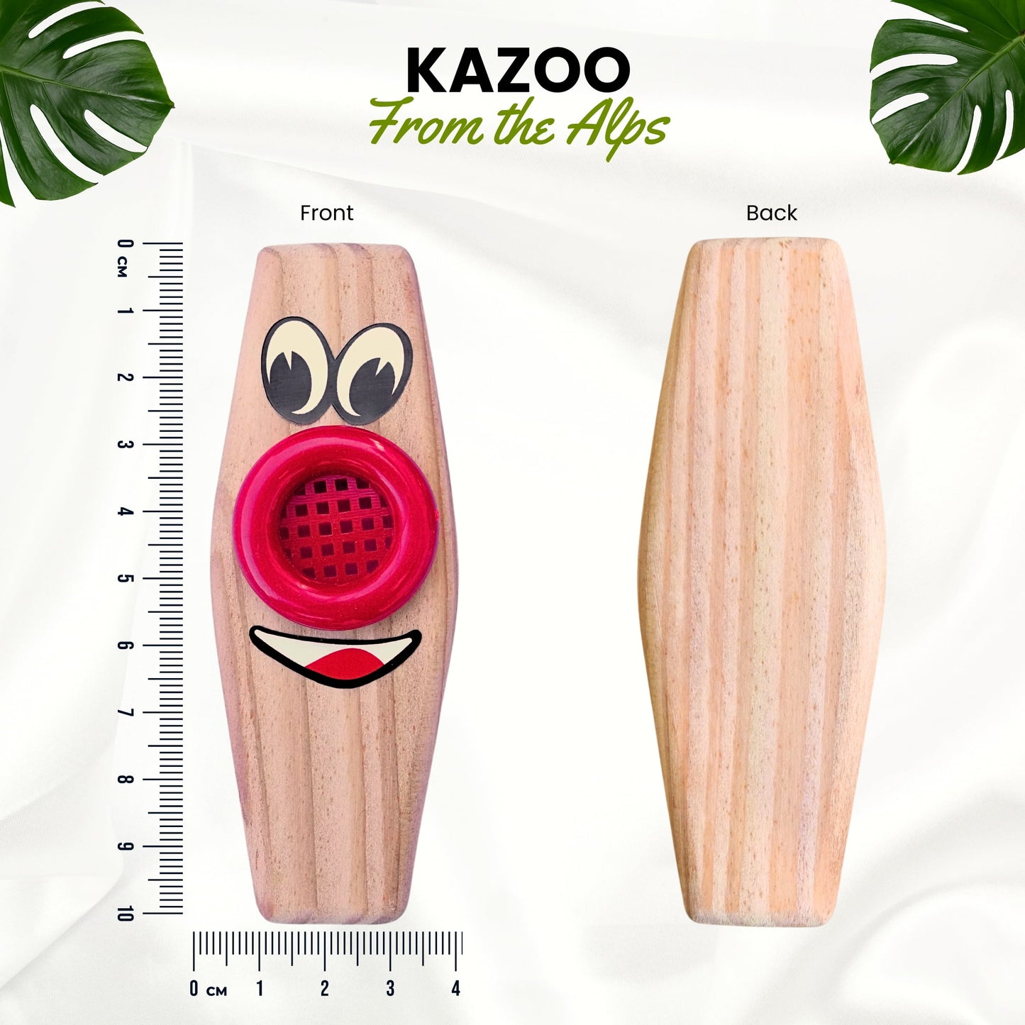 Technische Maße des Holz-Kazoos: Ansicht von vorne und hinten mit genauen Millimeter-Angaben zur Größe