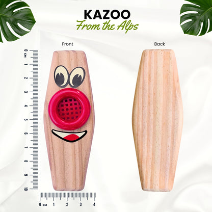 Technische Maße des Holz-Kazoos: Ansicht von vorne und hinten mit genauen Millimeter-Angaben zur Größe