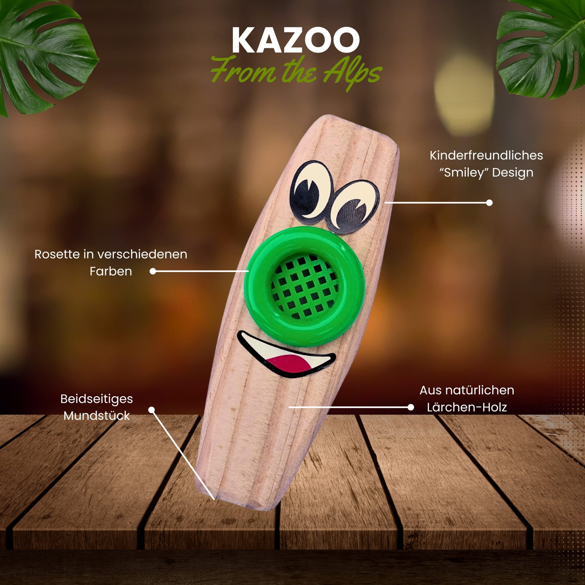 Infografik zum Plaschke Kazoo: Details zu Mundstück, Membran und dem robusten Korpus aus Südtiroler Lärchenholz