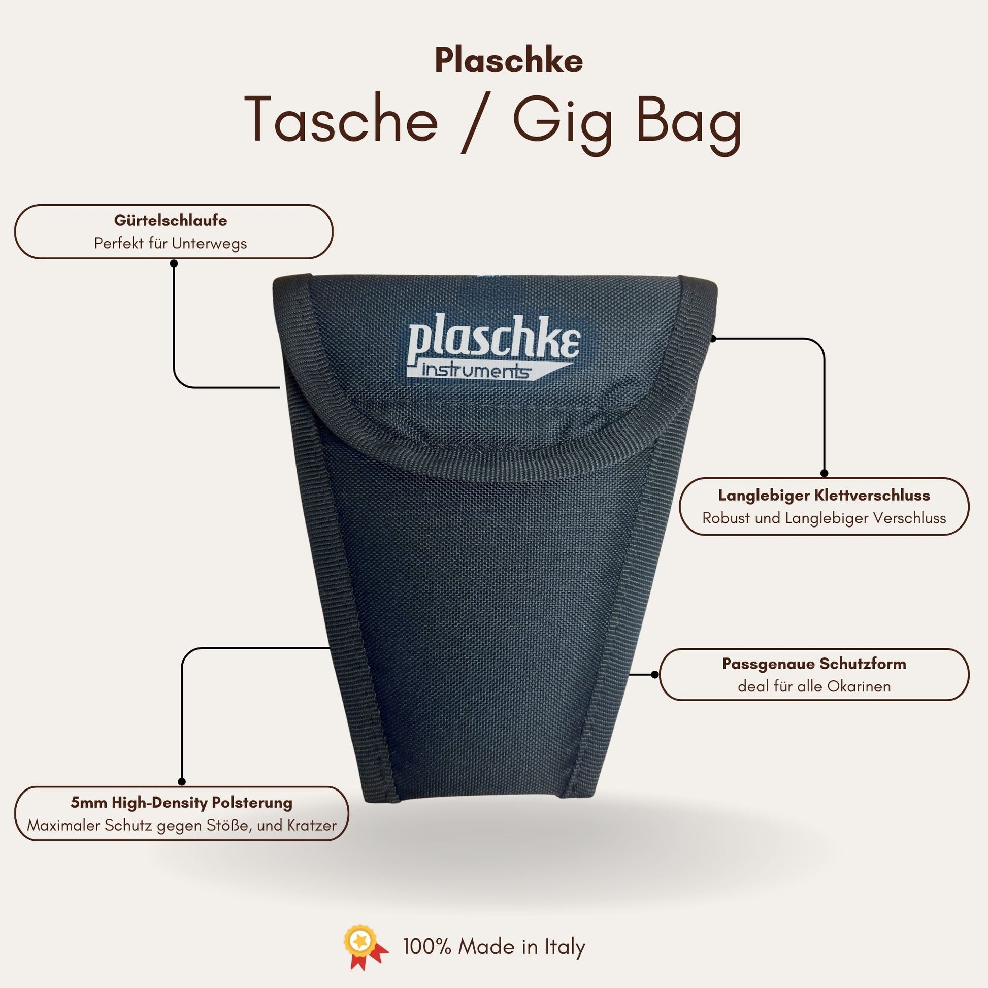 Infografik der Okarina Tasche mit Details zu 5mm Polsterung Cordura Material und Gürtelschlaufe