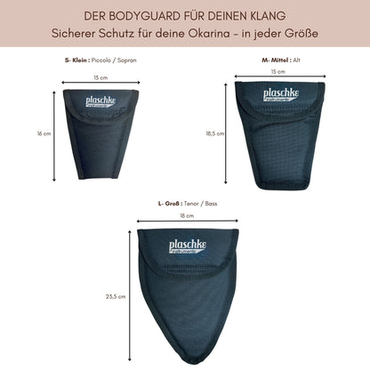 Größenvergleich der drei Plaschke Okarina Taschen S M und L in der Übersicht