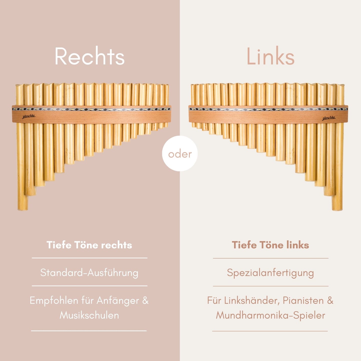 Vergleich der Panflöten-Ausführungen: Standard (Tiefe Töne rechts) und Linkshänder-Spezialanfertigung