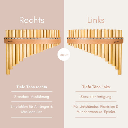 Vergleich der Panflöten-Ausführungen: Standard (Tiefe Töne rechts) und Linkshänder-Spezialanfertigung