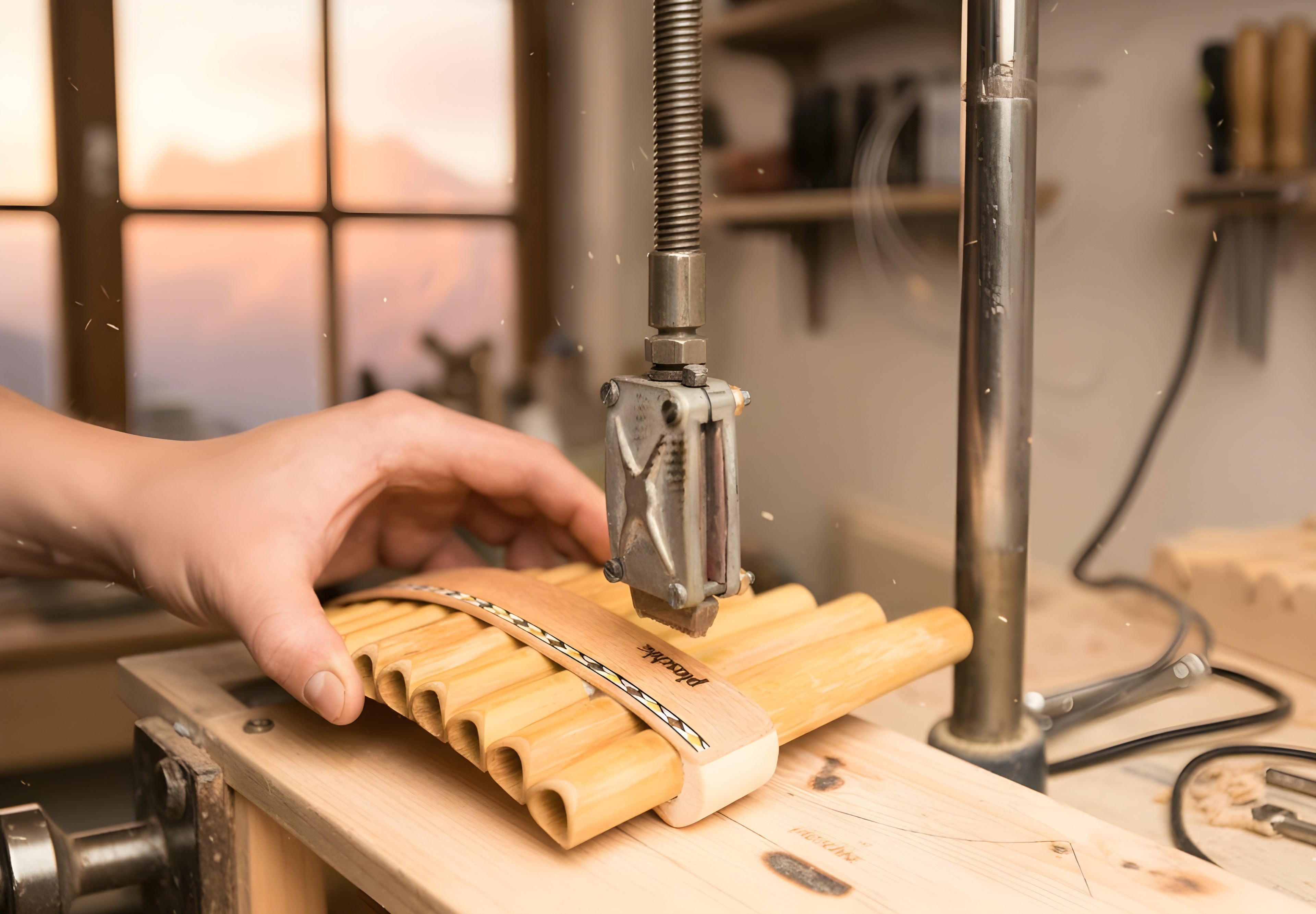 Traditioneller Bau einer Panflöte in der Südtiroler Werkstatt von Plaschke Instruments: Handwerkliche Präzision und alpine Materialauswahl für höchste Klangansprüche.