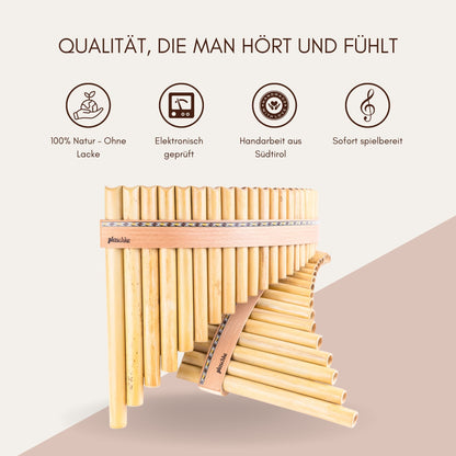 Infografik zur Plaschke Panflöte: Präzisions-Mundfläche, Buchenholz-Riemen und italienisches Arundo Donax