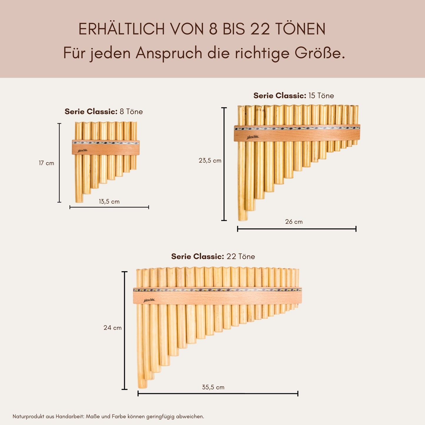 Größenübersicht der Panflöten-Modelle von 8 bis 22 Tönen - Handgefertigte Unikate aus Naturmaterialien
