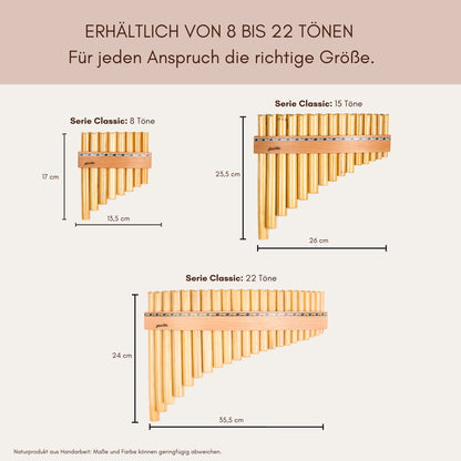 Größenübersicht der Panflöten-Modelle von 8 bis 22 Tönen - Handgefertigte Unikate aus Naturmaterialien
