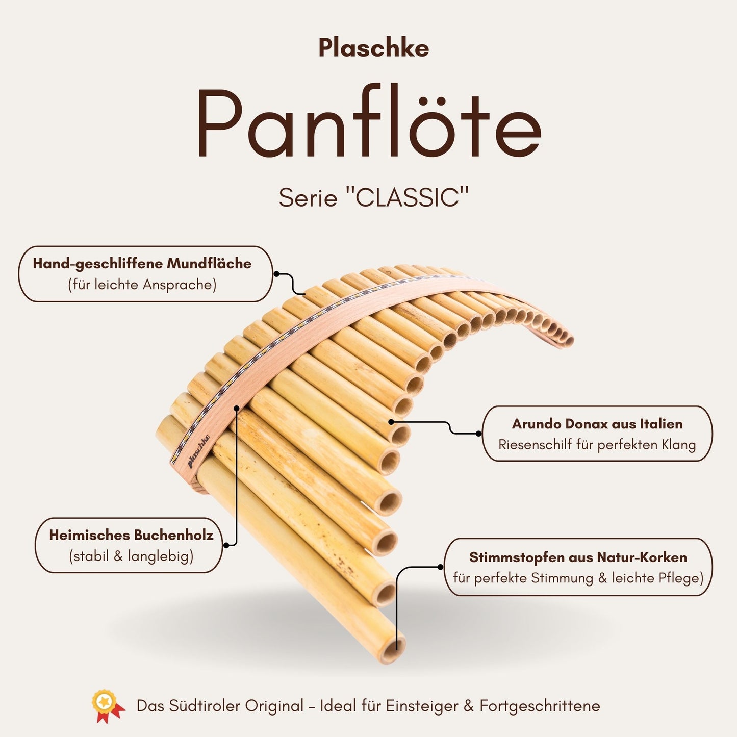 Plaschke Panflöte Serie Classic - Das Südtiroler Original für Einsteiger und Fortgeschrittene