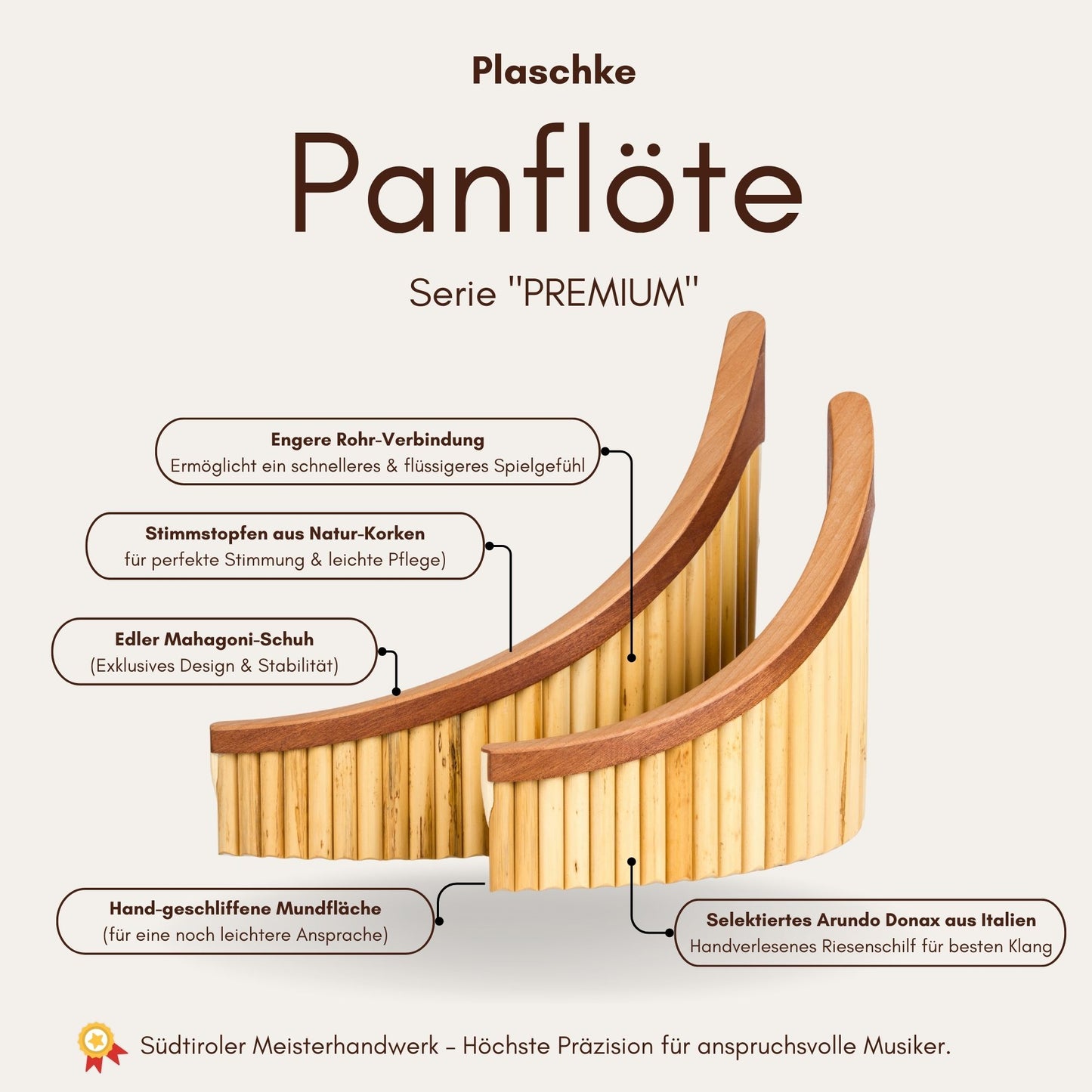 Produktdetails Serie Premium: Mahagoni-Holzschuh, engere Rohrverbindung und selektiertes Arundo Donax