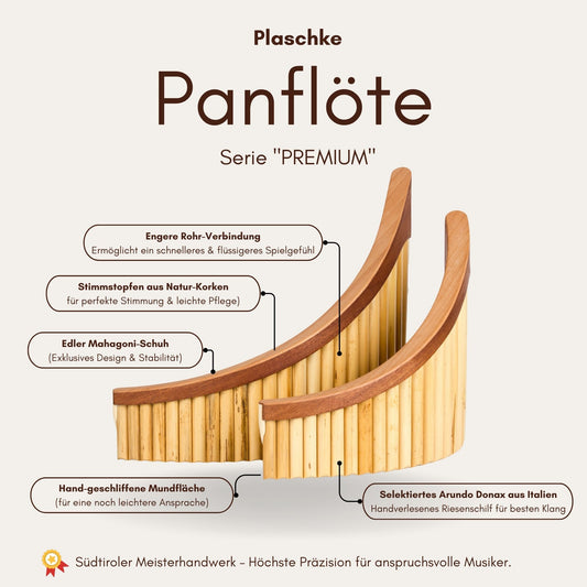 Produktdetails Serie Premium: Mahagoni-Holzschuh, engere Rohrverbindung und selektiertes Arundo Donax