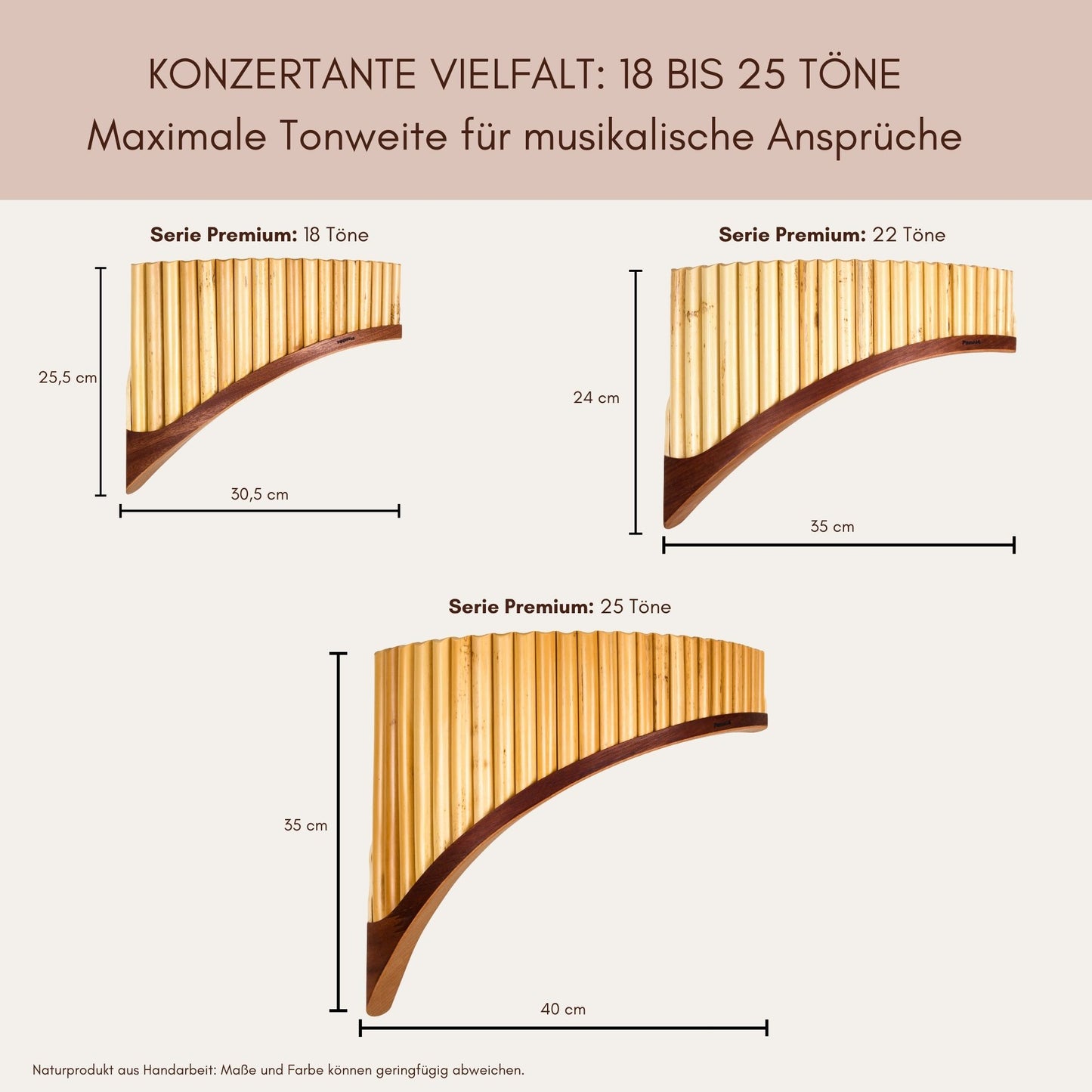 Größenübersicht Serie Premium: Handgefertigte Panflöten von 18 bis 25 Tönen im Vergleich