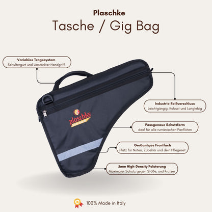 Infografik zu den Merkmalen der Plaschke Panflöten Tasche mit Details zu Polsterung Reißverschluss und Qualitaet
