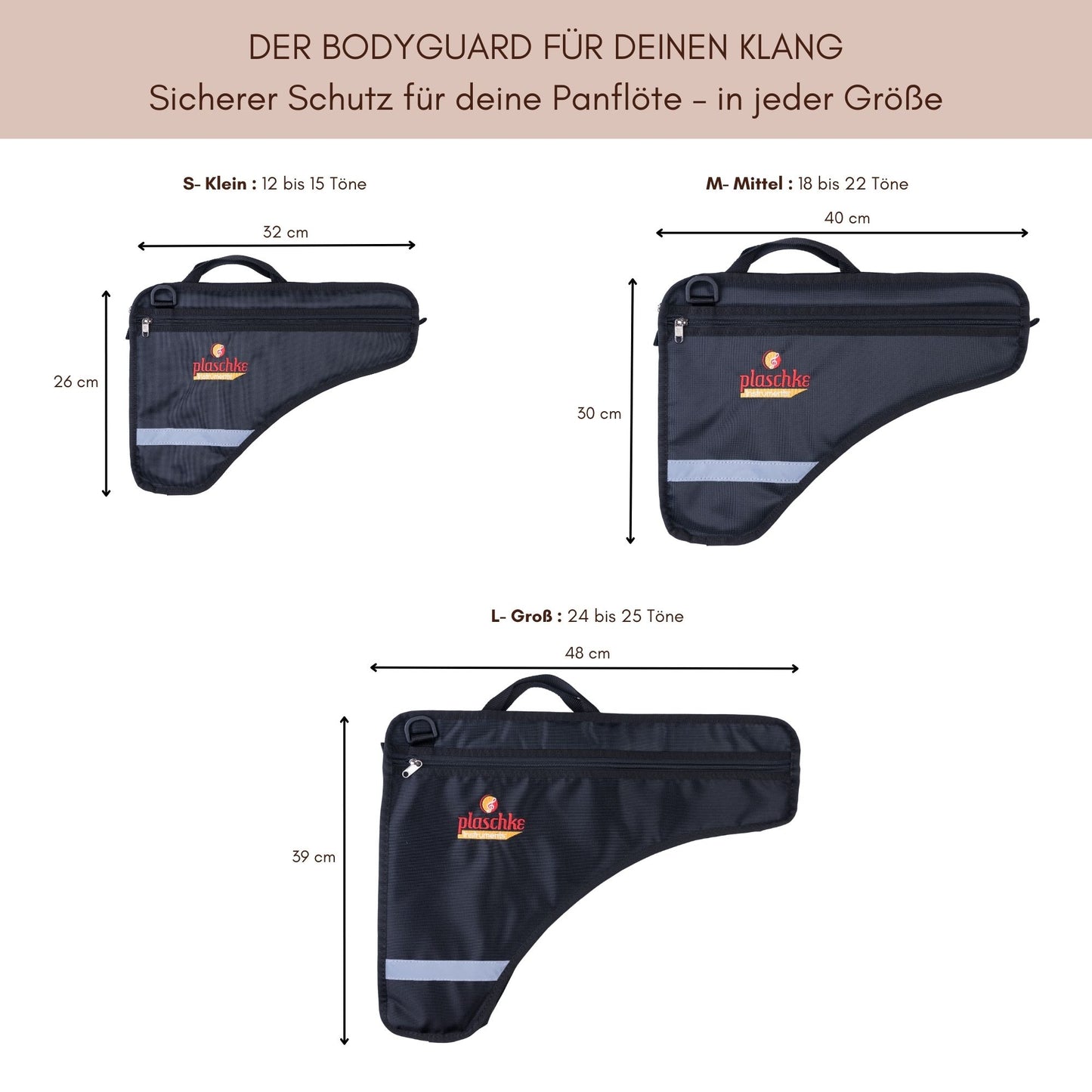 Übersicht der drei Taschengrößen von Plaschke Instruments mit Maßen für den optimalen Vergleich